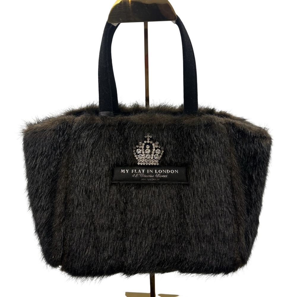 My Flat In London Womens Handbag Black Faux‎ Fur Rhinestone Crown Y2K Brighton